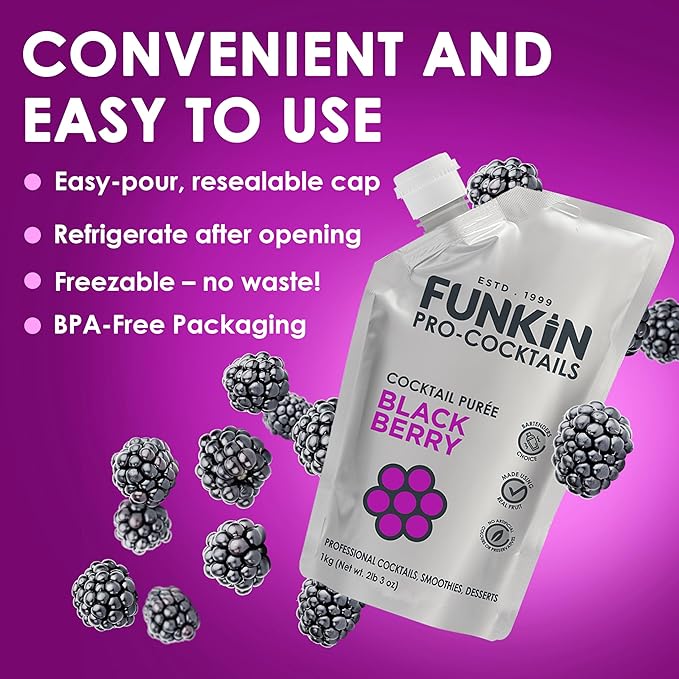 Funkin Fruit Puree | Real Fruit, Simple Ingredient, Natural Mixer for Cocktails, Drinks, Smoothies | Vegan, Non-GMO, Gluten-Free (2.2 lbs) (Blackberry)