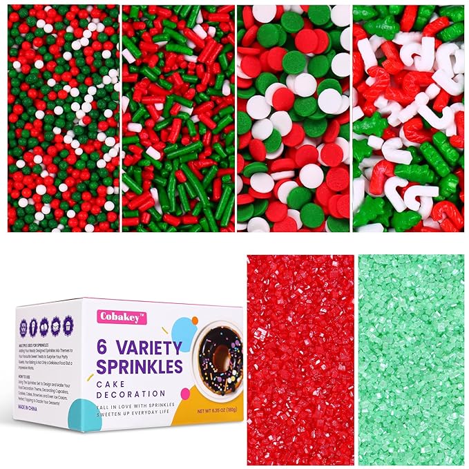 Christmas Sprinkles for Cake Decorating Edible Red and Green Sprinkle Mix Jimmies Sanding Sugar Cake Sprinkles for Baking Cupcake Cookies Ice Cream Topper Xmas Party 6.35 ounces