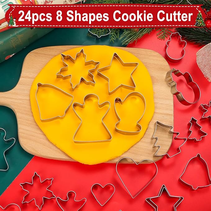Lezmarket Christmas Cookie Cutters, 24Pcs 8Shapes Winter Holiday Cookie Cutter Set in 3Sizes, Stainless Steel Metal Cookie Cutter- Snowman, Christmas Tree, Snowflake, Angel, Star, Heart, Bells