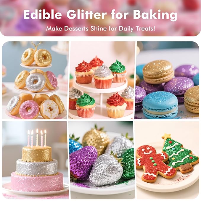 8 Colors Edible Glitter Set, Edible Glitter for Drinks, Luster Dust Shimmer Powder for Cakes, Cocktails, Beverages, Strawberries, Cookies, Candies, Fondant, Decorations,Christmas (5g/Bottle)