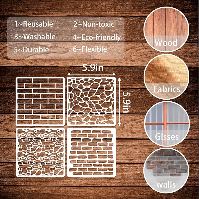 12 Pieces Brick Stencil Template, 6" x 6" Brick Wall Stencil Reusable Crafts Stencils for DIY Crafts Cookie Cake Journaling Scrapbooking Card Making Airbrushing Painting or Mixed Media (12-Brick)