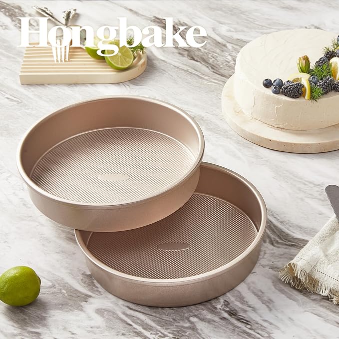 HONGBAKE 9 Inch Round Cake Pan Set of 2, Nonstick Ceramic Coating Cake Molds with Diamond Texture, Aluminized Steel Cake Pans Sets for Baking & Cheesecake, Heavy Duty & Non-Toxic (Gold, 2PCS)