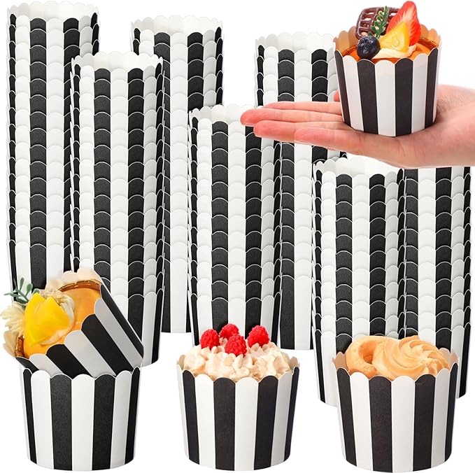 300 Pcs Cupcake Liners Baking Paper Cup Muffin Liners Stripes Cupcake Wrappers 2.3 Inch Muffin Baking Cups for Carnival Halloween Birthday Party Supplies(Black and White)