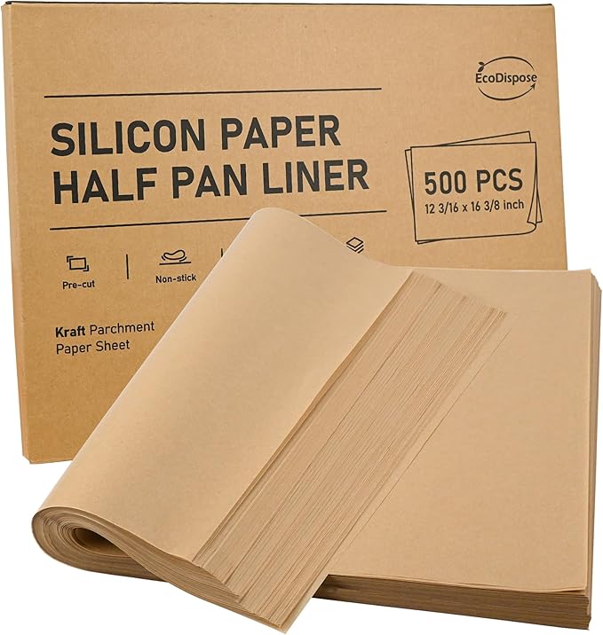 EcoDispose Non-Stick Precut Parchment Paper Baking Sheets Full Pan liner for Bake (12-3/16" x 16-3/8",Unbleached,500,PCS)