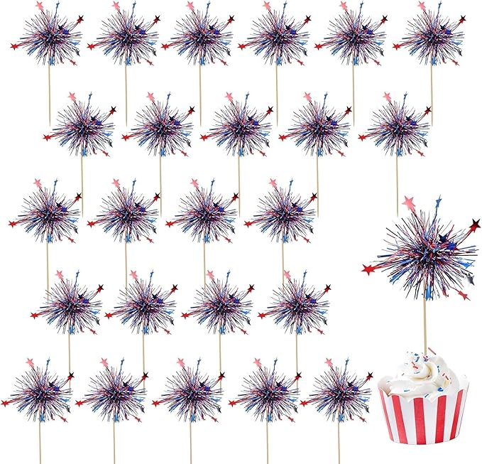 24Pcs American Patriotic Cupcake Toppers, 4th of July Foil Firework Cupcake Toppers Tinsel Drink CupCake Decoration Picks Independence Day Supplies Favor