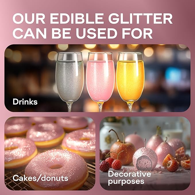 Bakeebake Edible Glitter 15g - Edible Glitter for Drinks & Desserts - Gluten Free Cake Decorating – Tasteless Vegan Drink Cocktails and Parties (Pink, 15 grams)