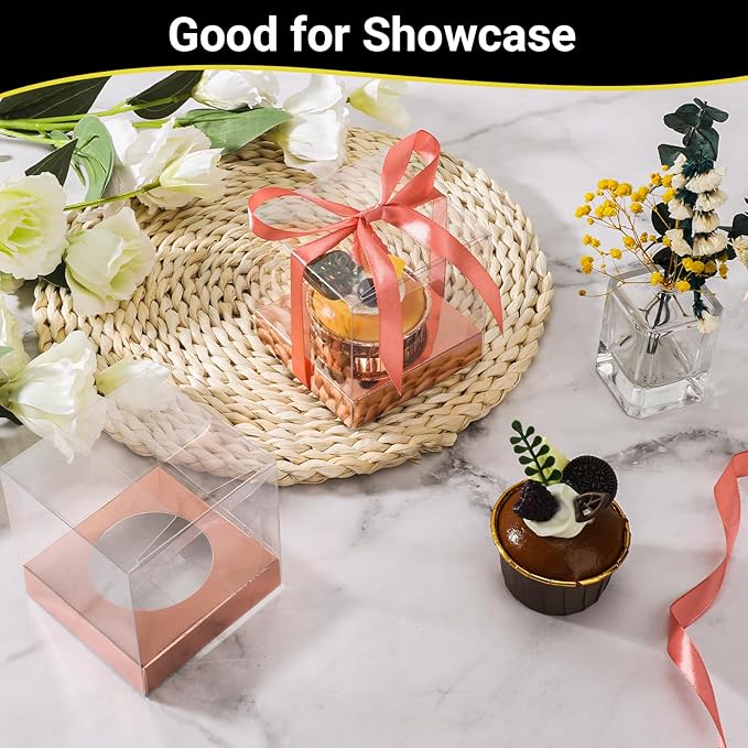 EUSOAR Rose Gold Tall Cupcake Containers, 50pcs 3.5 Inch Individual Cupcake Boxes Storage for Cake Dessert, Plastic Cupcake Wrappers Cupcake Holder with Ribbon for Wedding Birthday Party Favor