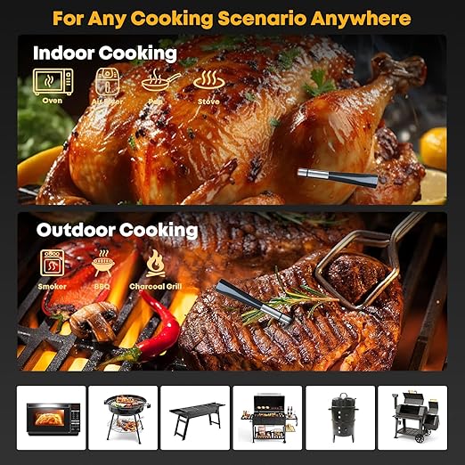 Wireless Meat Thermometer with Bluetooth & WiFi, Digital Meat Probe for Grilling, Smoking, and Oven Roasting, Dual Probe & Smart Alerts for Accurate Temperature Monitoring for BBQ & Smoker