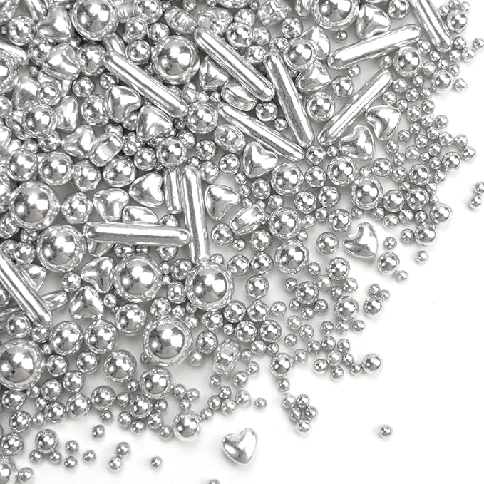 Edible Silver Pearl Heart Rods Sprinkles, Mix Size, Silver Pearl Sprinkles for cupcake decorating, Cupcake Toppers Cake Decorations, 130g/4.58oz