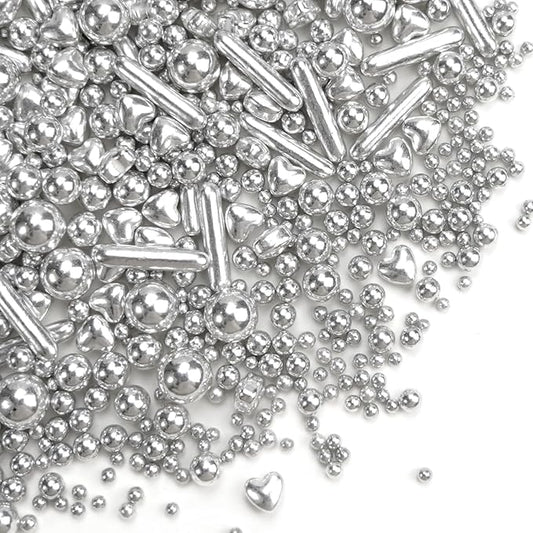 Edible Silver Pearl Heart Rods Sprinkles, Mix Size, Silver Pearl Sprinkles for cupcake decorating, Cupcake Toppers Cake Decorations, 130g/4.58oz