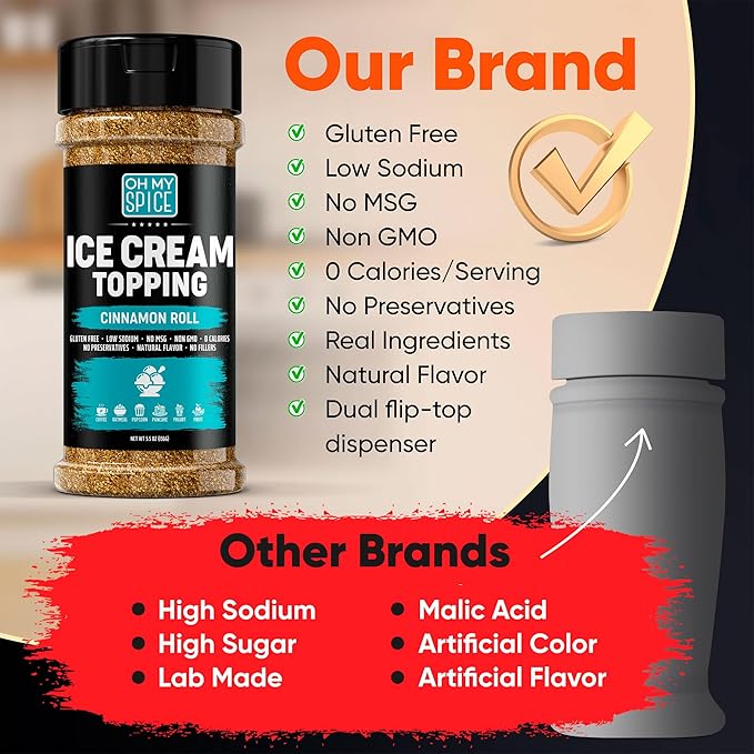 Ice Cream Topping Cinnamon Roll Mix - Gluten Free & Low Sodium Cinnamon and Sugar Flavor for Coffee Toppings. Cinammon Sugar Powder Seasoning for Oatmeal, Yogurt & Dessert. Sweet Buttery Blend. 5.5oz