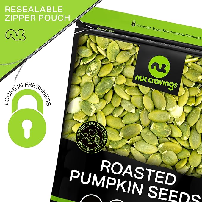 NUT CRAVINGS - Roasted & Unsalted Pumpkin Seeds, Pepitas, No Shell (16oz - 1 LB) Packed Fresh in Resealable Bag - Nut Snack - Food Assortments
