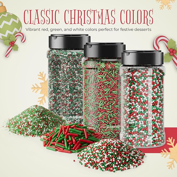 NY Spice Shop Christmas Sprinkles Nonpareils & Sanding Sugar – Red Green White Nonpareils & Sprinkles - Edible Christmas Festive Cooking Decor Sprinkle - Candy Cane Sprinkles for Baking and Dessert Toppings