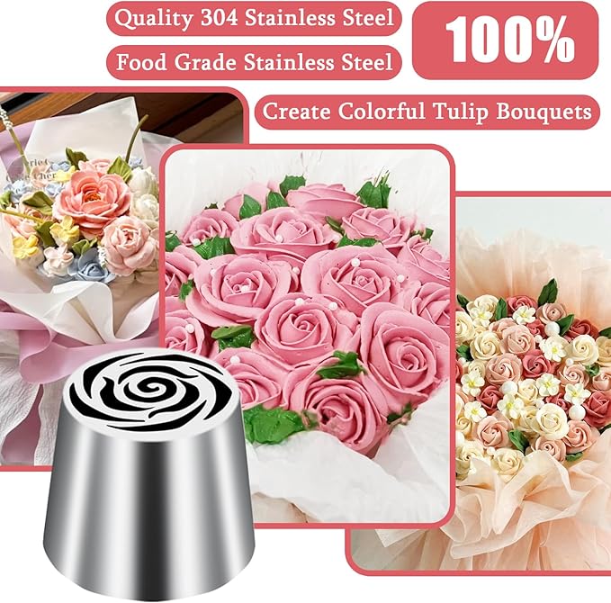Extra Large Russian Piping Tip Stainless Steel Rose Floral Piping Nozzle Icing Piping Kit for Cake Decorating Flower Frosting Piping Pastry Cupcakes Cakes Cookies Desserts Baking Tool