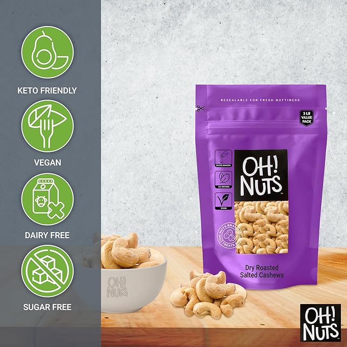 Oh! Nuts Cashews Roasted Salted - 3 lb - Oven Dry Roasted Cashews - Packed in New York Zip-Seal Bag for Exceptional Freshness