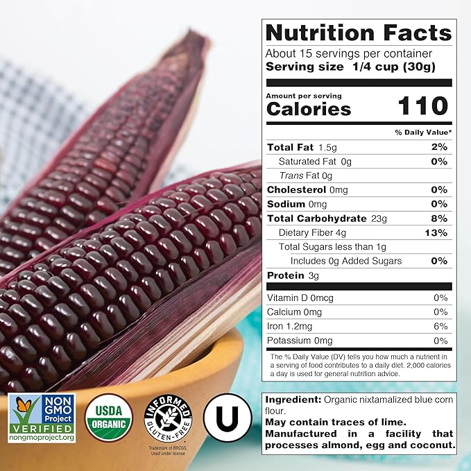 USDA Organic Blue Corn Flour 1lb, Flour for Tortillas, Sopes, and Mexican Dishes, Gluten-Free, Kosher and Vegan, Masa Flour for Baking, Just About Foods