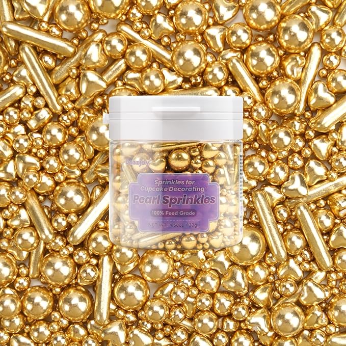 Edible Gold Pearl Heart Rods Sprinkles, Mix Size, Gold Pearl Sprinkles for Cake Decorating, Cupcake Topper Decorations, Wedding Party Christmas Supplies, 130g/4.58oz