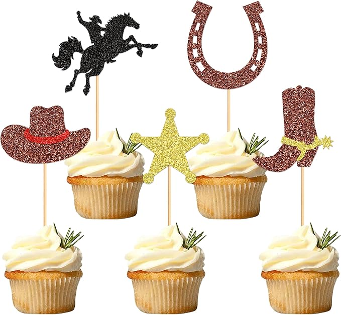 24pcs Cowboy Cupcake Toppers Glitter HorseShoe Cowboy Hats Boots Cupcake Picks Western Theme Baby Shower Boys Birthday Party Cake Decorations Supplies
