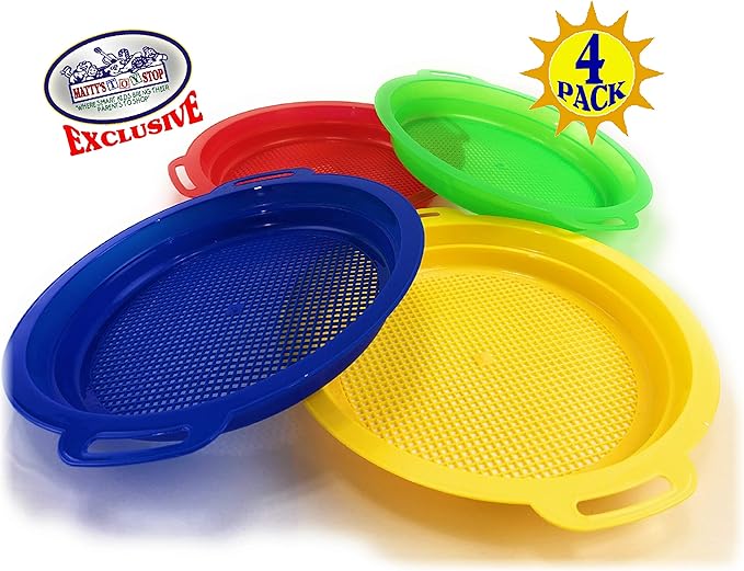 Matty's Toy Stop Sand Sifter Sieves for Sand & Beach (Red, Blue, Yellow & Green) Complete Gift Set Bundle - 4 Pack (8.75'' x 9.75")