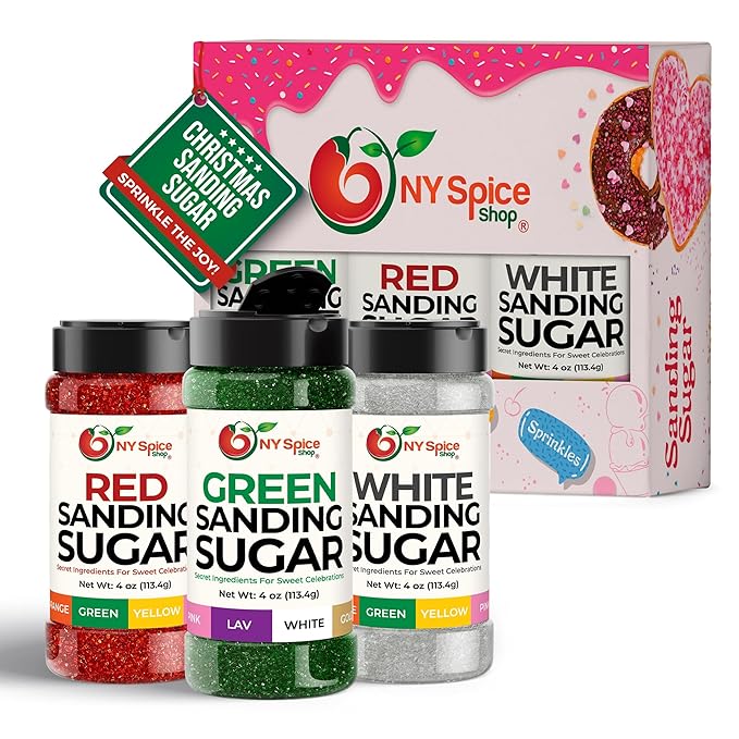NY Spice Shop Christmas Sanding Sugar – Pack of 3 Red Green & White Baking Sugar Crystals - Holiday Dessert Decorations & Colorful Sugar - Christmas Themed Baking Supplies