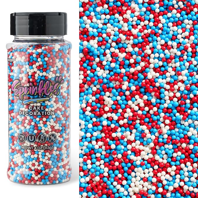 Red White and Blue Nonpareils Sprinkles, Sujoygar 4oz Edible Patriotic Sprinkles for Ice Cream Toppings Cake Cupcakes Chocolate Baking Cookies Desserts Decoration, 4th of July Independence Memorial Food Supplies