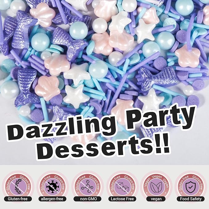 HUEBEATY 6-in-1 Mermaid Sprinkles Edible Set – 180g Seashell Candy, Jimmies, Mermaid Tail Sprinkles, Blue & White Pearls, Sanding Sugar – Edible Mermaid Cake Decorations for Cupcakes, Cookies, Ice Cream & Summer Desserts Decorating