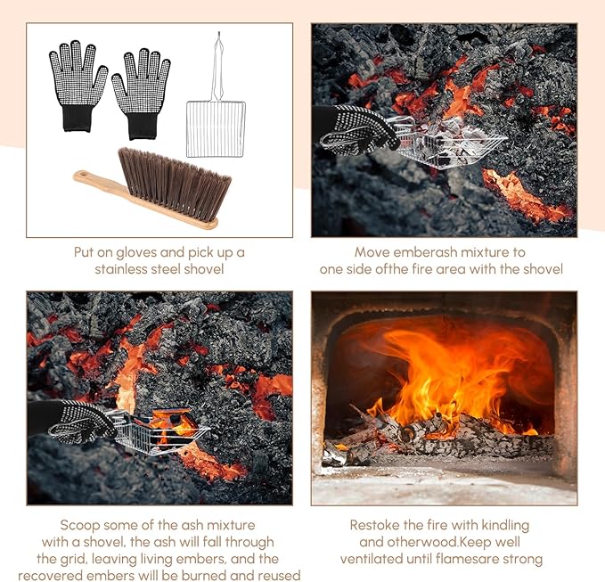 3 Pcs Fireplace Ash Sifter Oven Shovel Hollow Out Ember Recovery Tool Shovel Heat Resistant Silicone Glove Brush Scoop Charcoal(Classic,Stainless Steel)