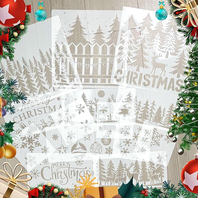 14 Pcs Large Christmas Stencils for Painting, Reusable Plastic Holiday Craft Templates, Christmas Window Stencils for Wood, Wall, Fabric & Doormat, DIY Snowflake Deer Forest Christmas Decorations
