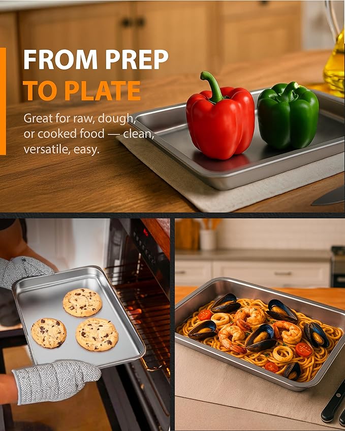 3-Piece Baking Pan Set, 304 Stainless Steel, 1-Inch Deep, Oven Safe to 450°F, Corrosion-Resistant, Easy to Clean, Stackable, 16-Inch, 12-Inch, 9-Inch Sizes