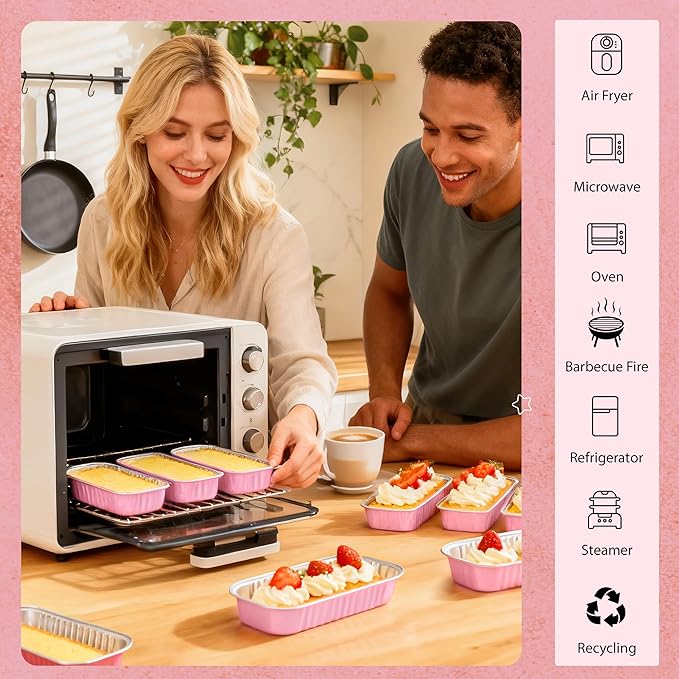 Mini Loaf Pans with Lids and Spoons Rectangular Aluminum Foil Baking Pans Mini Cheesecake Containers 6.8oz(60 Pack, Pink)
