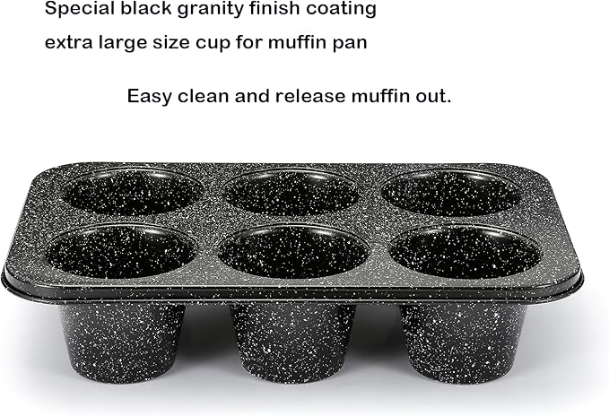 Monfish Jumbo Deep Muffin Pan 6 Extra Large Cup Cupcake Tray Black Granite Finish Muffin Tin Carbon Steel