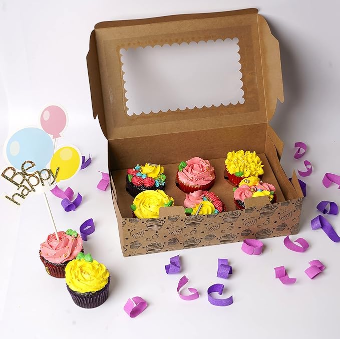 20-Pack Brown Cupcake Boxes with Insert Trays, Tags and Twine | Food Grade Kraft Bakery Boxes with Window to Fit 6 Cupcakes