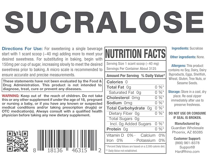 HR Supplements Sucralose Powder | 125 Grams | Zero Calorie Sweetener & Keto Sugar Substitute | Hard Rhino (125 Grams (4.4 oz))