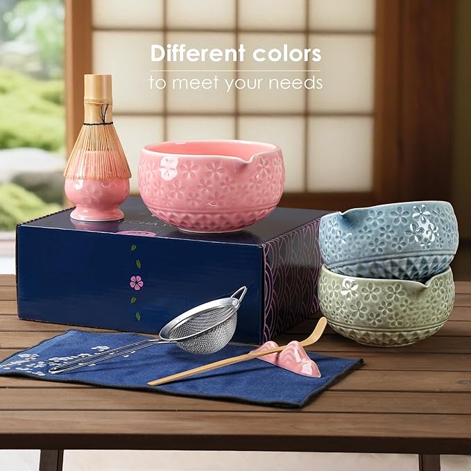 7Pcs Matcha Whisk Set, Ceramic Matcha Bowl with Spout, Bamboo Whisk and Holder,Bamboo Scoop,Scoop Rest,Sifter,Tea Towel, Matcha Kit with Cherry Blossom Carved Patterns for Matcha Lovers (Sakura Pink)