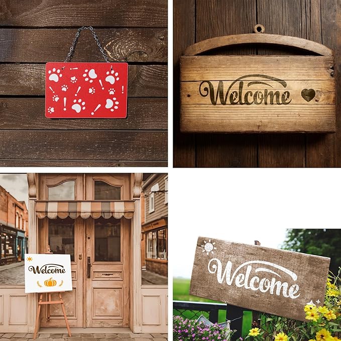 YKW Welcome Sign Stencils Set - 7 Reusable Smiley Paw Templates - Up to 14x5 - Welcome Words, Leaves, Pumpkin - for Porch, Door, Wood, Fabric - DIY Home Decor,Translucent and Soft