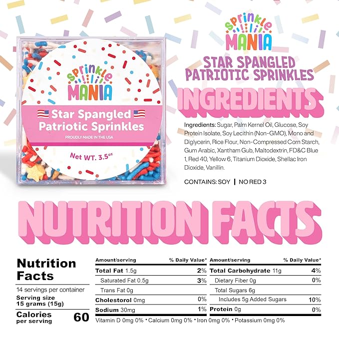 Decorative 4th of July Sprinkles - Our Red, White, Blue & Gold Patriotic Sprinkles for Cake Decorating Are Proudly Made in the USA - Our 4th of July Treats are Red 3 Free (Stars & Stripes, 3.5oz)