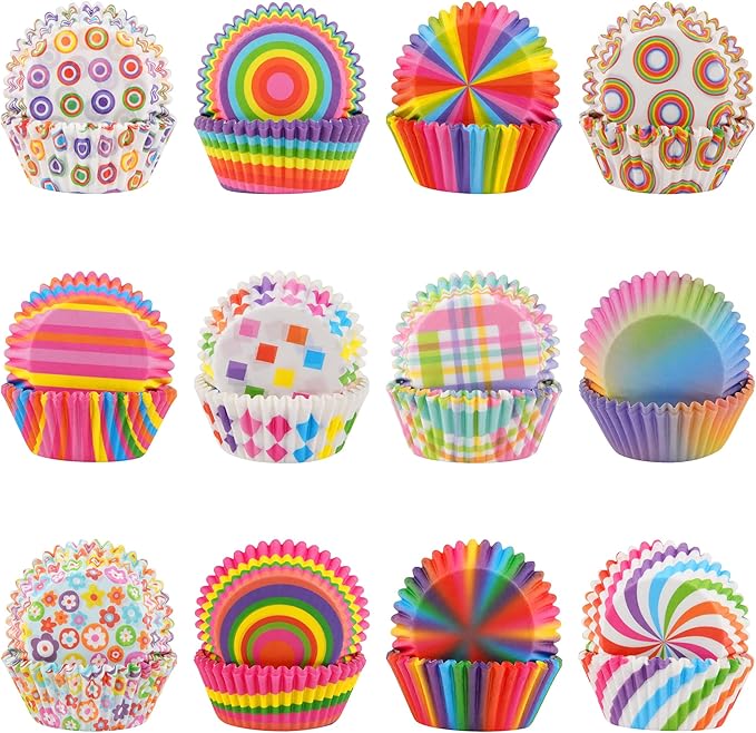 600 Pack Rainbow Cupcake Liners Cupcake Baking Cups Standard Size Rainbow Muffin Liners for Wedding Birthday Pride Party Candy Cake Decorations Supplies(12 Styles)