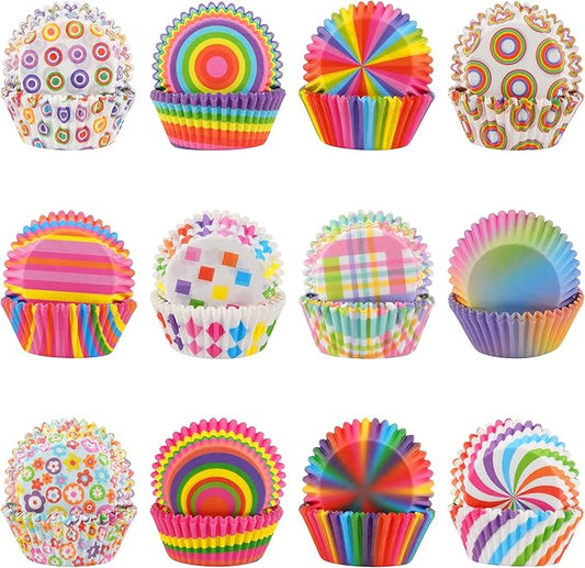600 Pack Rainbow Cupcake Liners Cupcake Baking Cups Standard Size Rainbow Muffin Liners for Wedding Birthday Pride Party Candy Cake Decorations Supplies(12 Styles)