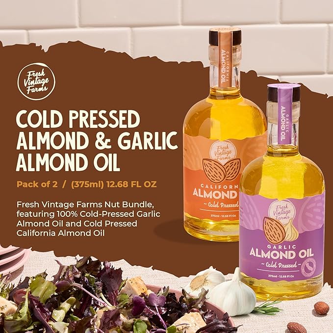 Fresh Vintage Farms Nut Bundle 100% Cold Pressed Almond & Garlic Almond Cooking Oils | Cold Pressed & Nutritious Healthy Oils for Cooking, Baking, Dipping, Salads, & Marinades | 375ml, Pack of 2