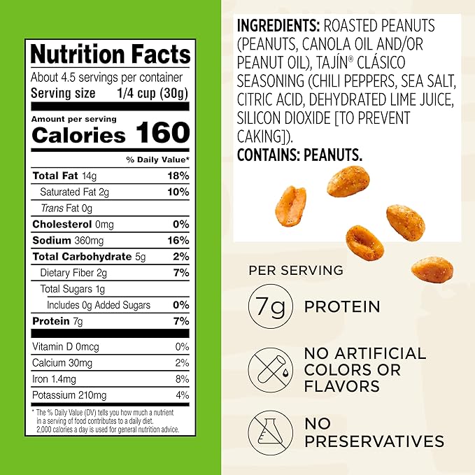 Snak Club Tajin Peanuts, Roasted Nuts with Chili and Lime Seasoning, Mild, Gluten-Free, Kosher Snacks, No Artificial Colors or Flavors, No Preservatives, 5 oz Resealable Bags, 6 Pack