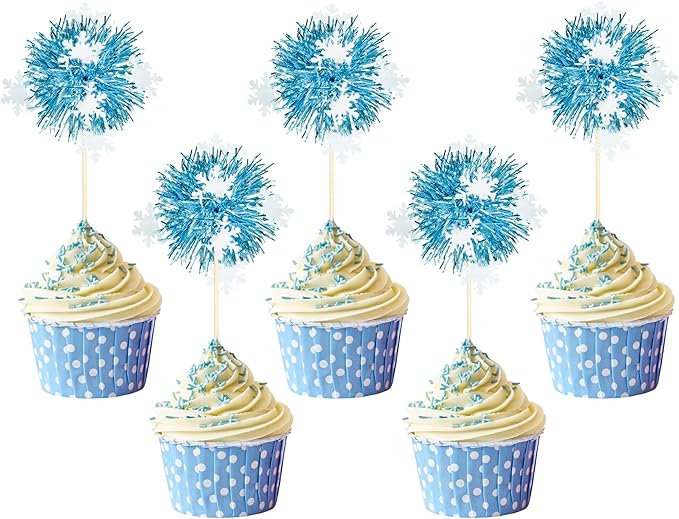 24Pcs Frozen Cupcake Toppers, Snowflake Foil Firework Cupcake Toppers Tinsel Drink Picks Let it Snow Winter Supplies Favor