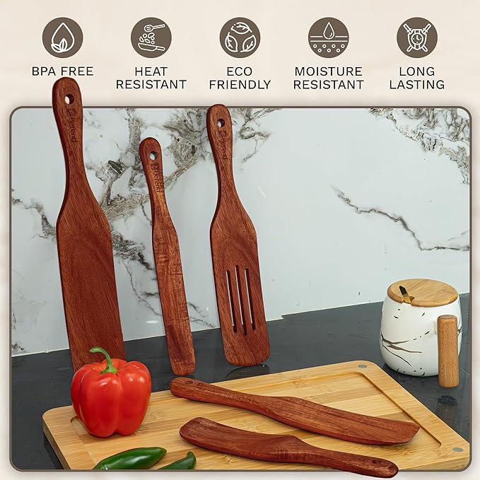 Wooden Spurtle Set - 5 PCS of Different Spurtles As Seen on TV - Wooden Kitchen Tools for Cooking in Nonstick Cookware, for Salad Mixing, Serving, Spreading, Stirring & Folding