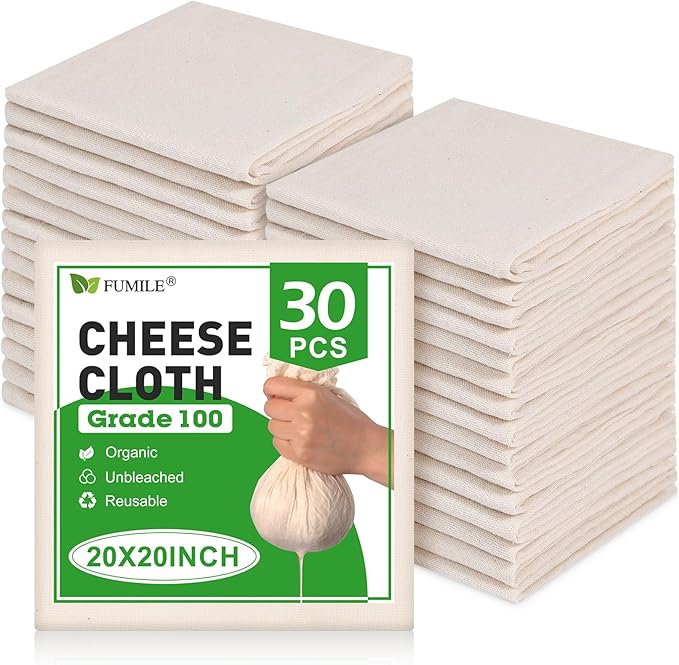30 PCS Reusable Cheese Cloths for Straining, 20x20 Inch, Organic Cotton Cheese Cloths Unbleached,Cheese Cloth Reusable With Hemmed Edge for Straining Liquid,Cheese Making,Juicing,Baking,Cooking Turkey
