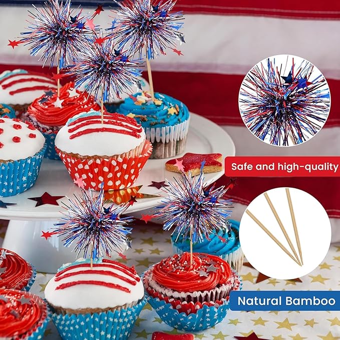 24Pcs American Patriotic Cupcake Toppers, 4th of July Foil Firework Cupcake Toppers Tinsel Drink CupCake Decoration Picks Independence Day Supplies Favor
