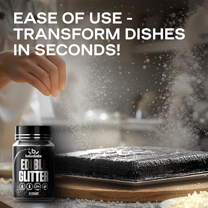 Bakeebake Edible Glitter 15g - Edible Glitter for Drinks & Desserts - Gluten Free Cake Decorating – Tasteless Vegan Drink Cocktails and Parties (Black, 15 grams)