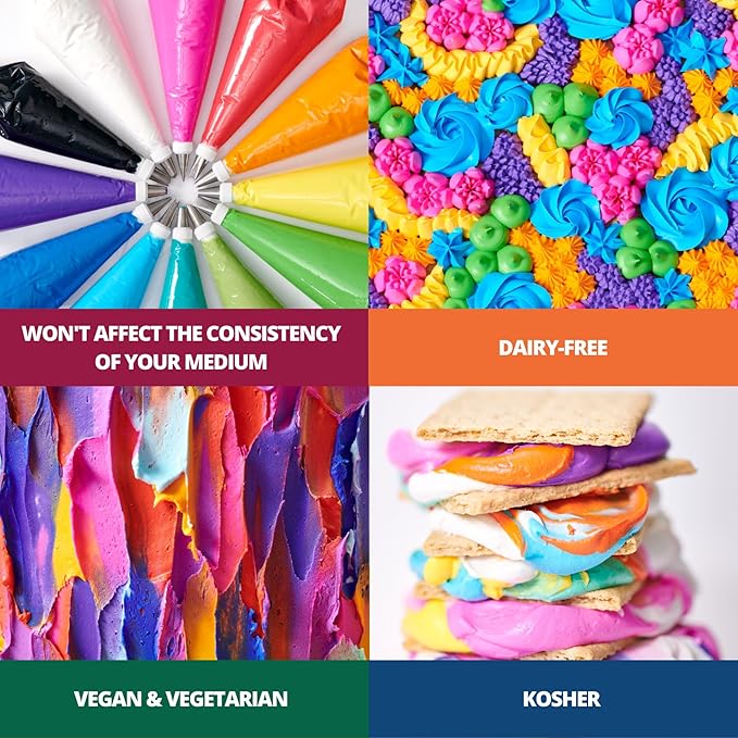 Bakery Crafts Premium Gel Food Color 6 Bottle Assortment, 4.2 Fl Oz, Edible Coloring For Use with Cake Mix, Buttercream, Whipped Icing, Fondant & Piping Gel, Highly Concentrated, Red, Pink, Yellow, Green, Blue, Black - 6 x 0.7FL