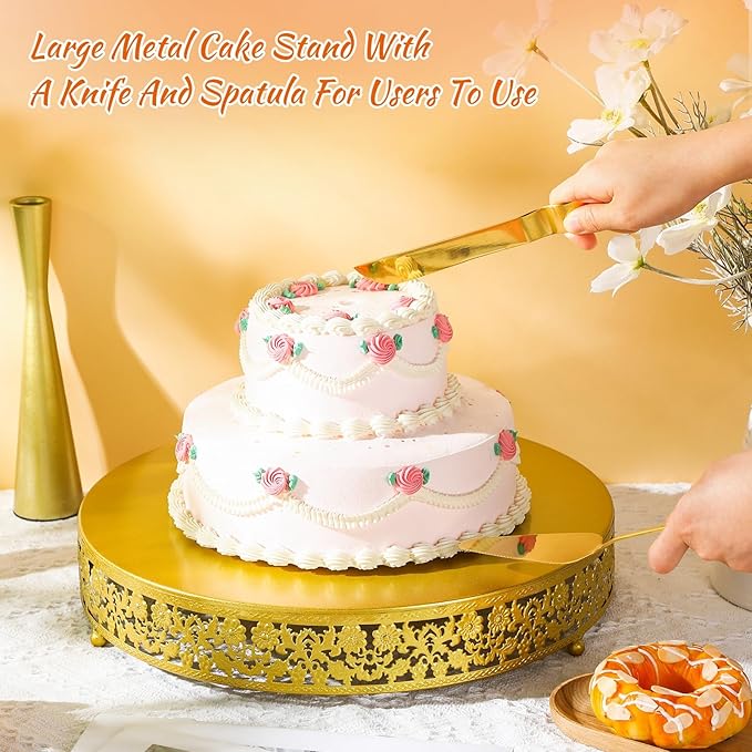 Wenqik 16 Inch Cake Stand Set Gold Wedding Cake Dessert Round Stand with Cakes Cutting & Spatula Candy Table Display for Party Wedding Birthday Baby Shower Housewarming Anniversary Celebration