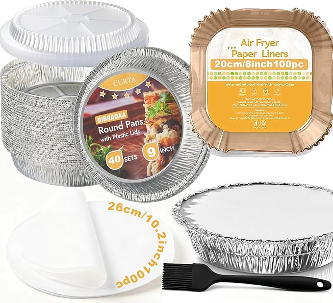 BIBRADAA® 40 Pack 9” Round Disposable Aluminum Pans with Lids,Aluminum Foil Pans,Plus300pcswith Baking Parchment,Air Fryer Paper Liners,hamburger patty paper，Basting Brushes. (40 Pack rd w/Lids)