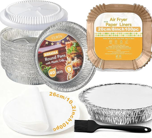 BIBRADAA® 40 Pack 9” Round Disposable Aluminum Pans with Lids,Aluminum Foil Pans,Plus300pcswith Baking Parchment,Air Fryer Paper Liners,hamburger patty paper，Basting Brushes. (40 Pack rd w/Lids)