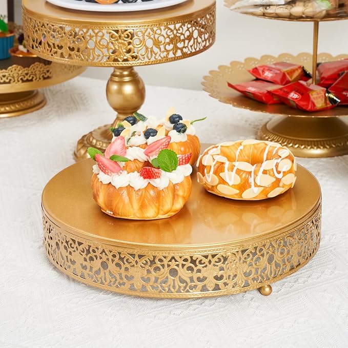 MTJYQTF Gold Cake Stand Set - Metal Round Cupcake Dessert Stand with Cake Cutting & Cake Spatula for Party, Candy Table Display for Wedding Birthday Baby Shower（12x12x2.4 IN） CS003-pan